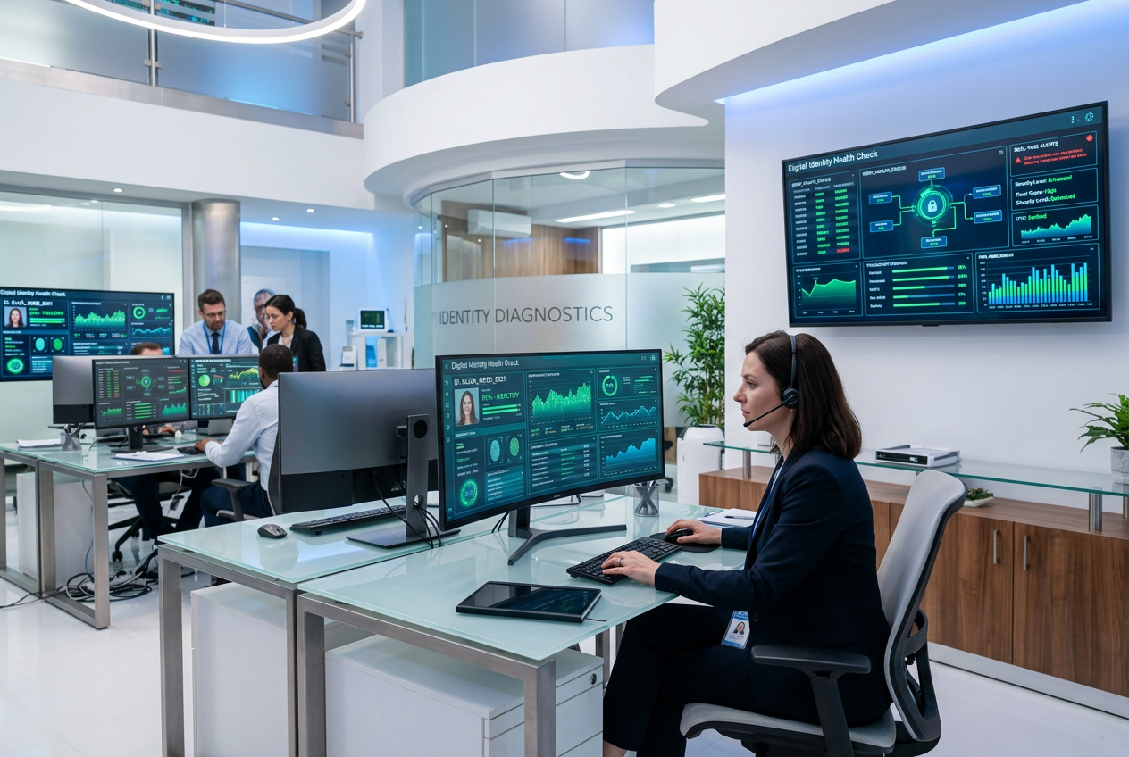 High-tech financial diagnostic center with screens showing identity checks.
