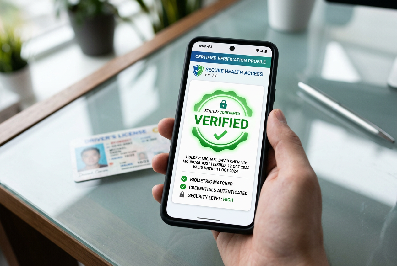 Mobile phone displaying a digital verification certificate.