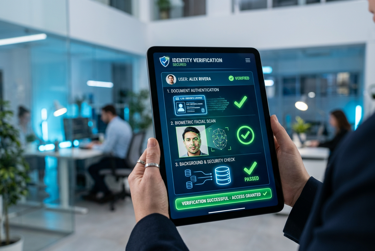 Digital identity verification interface with biometric scans and ID cards.