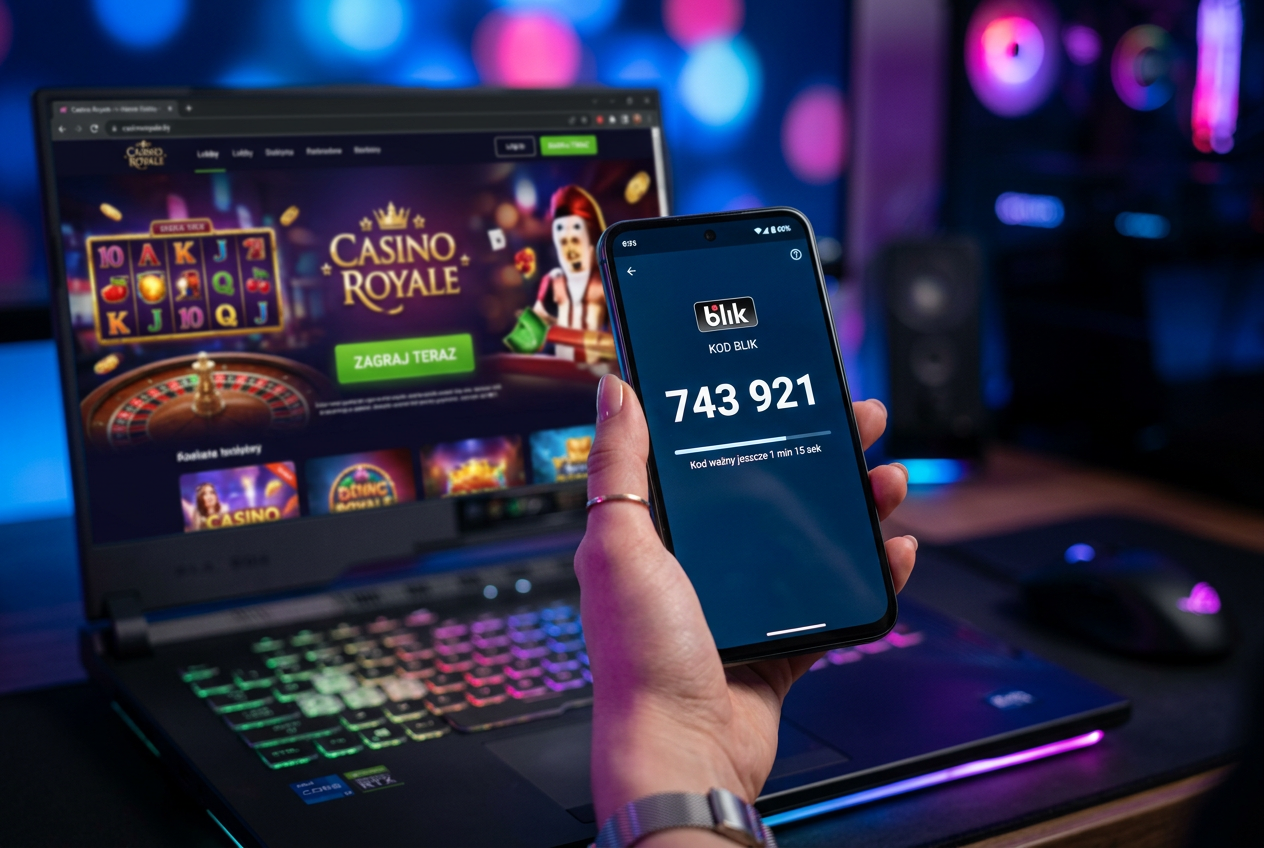 A person using a smartphone to authorize a BLIK payment for an online casino.