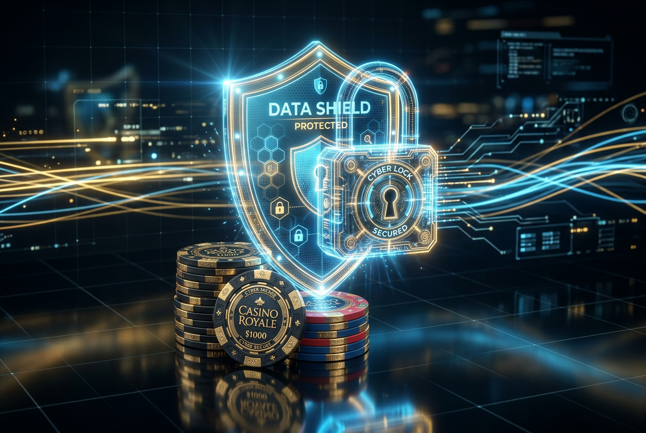 Digital security symbols and high-tech encryption representing casino safety.