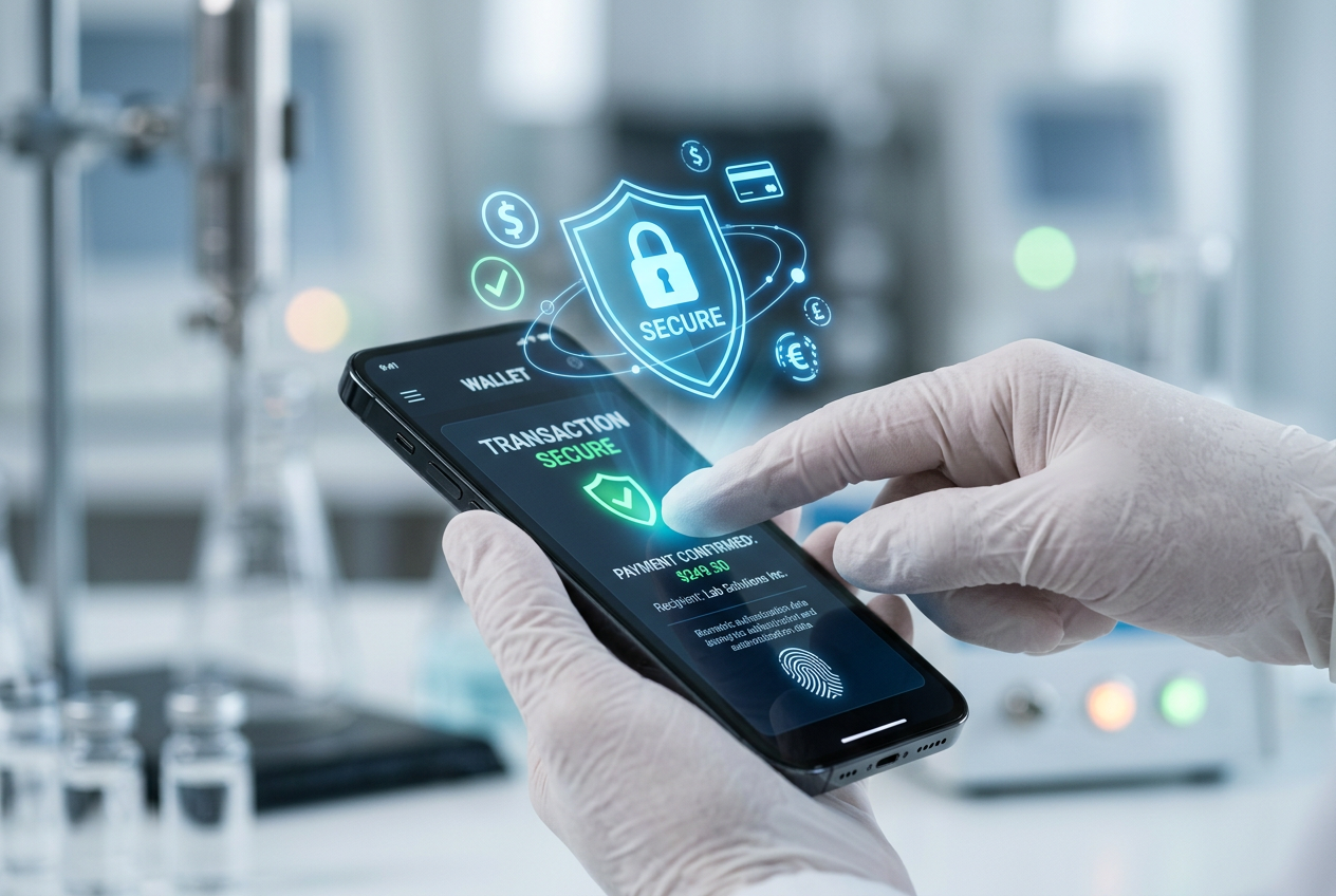 A clinical-style view of a secure mobile payment being processed.