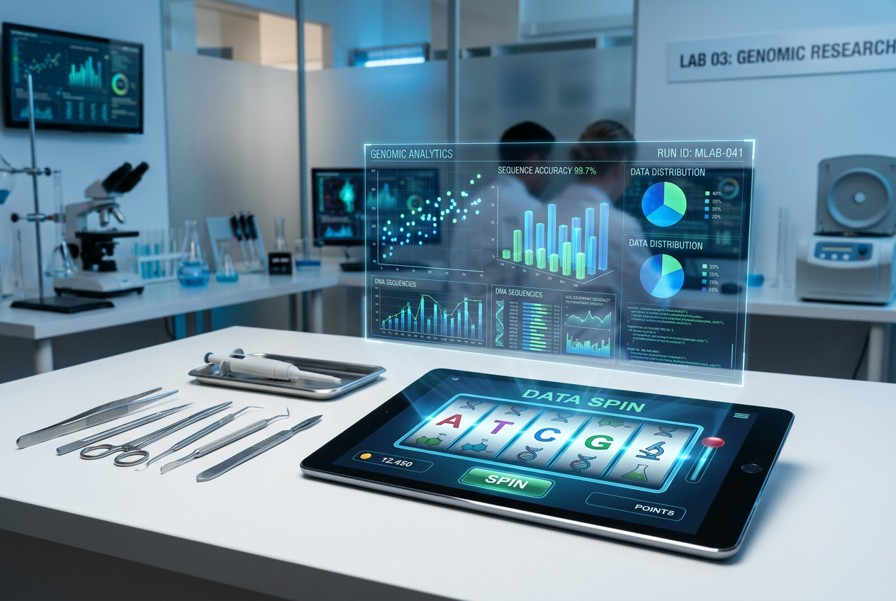A high-tech laboratory workstation analyzing digital casino data.
