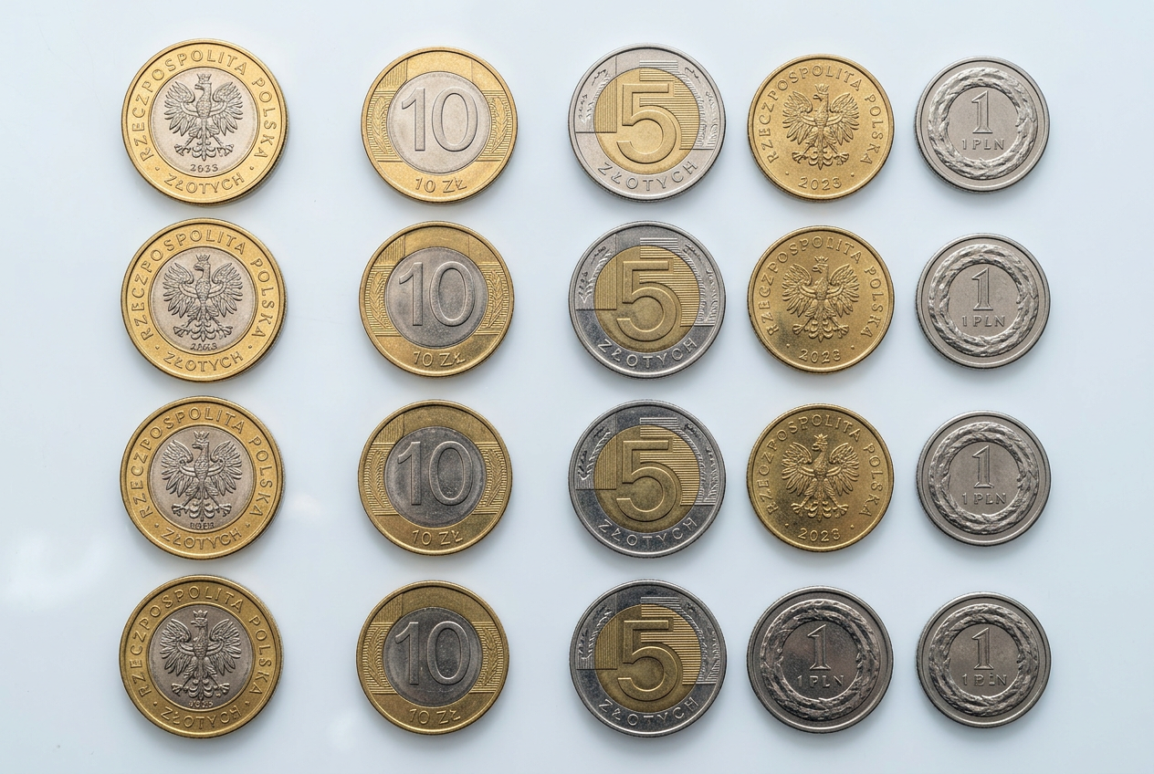 A clean comparison of 1, 5, 10, and 20 PLN coins on a professional surface.