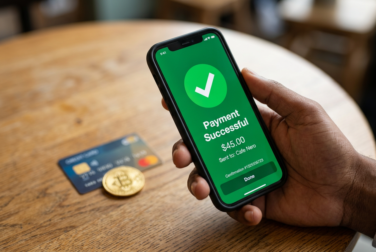 Smartfon pokazujący udaną transakcję finansową