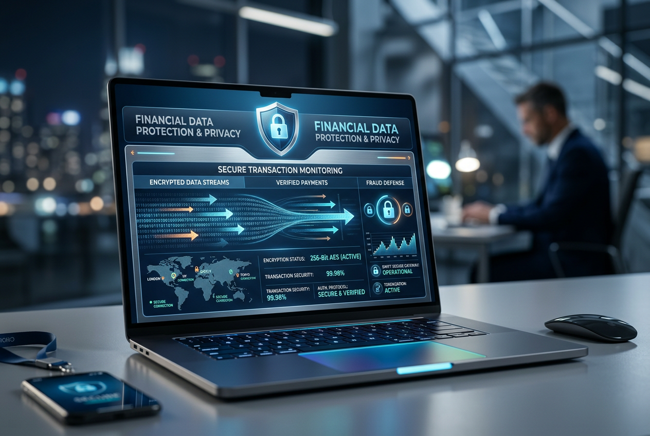 Abstract representation of secure data encryption and digital identity protection.